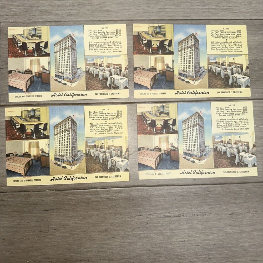 Vintage Hotel Californian San Francisco Linen Postcards Lot of 4 1930s-40s